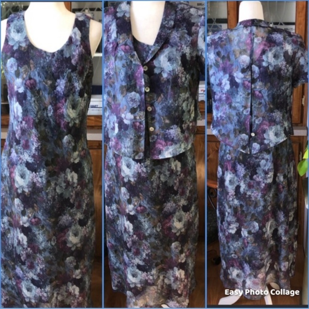 K & COMPANY PETITE SIZE 14p 2-PIECE SLEEVELESS DRESS WITH CAP SLEEVE JACKET EUC